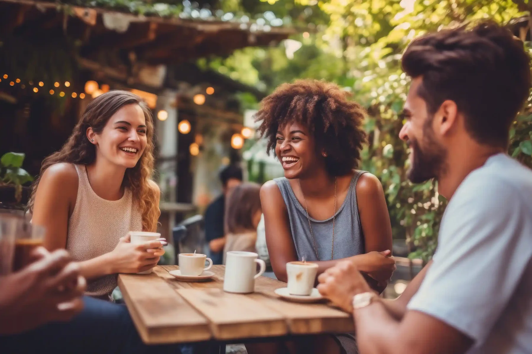 a group of friends at an outdoor cafe smiling and laughing enjoying drinks
