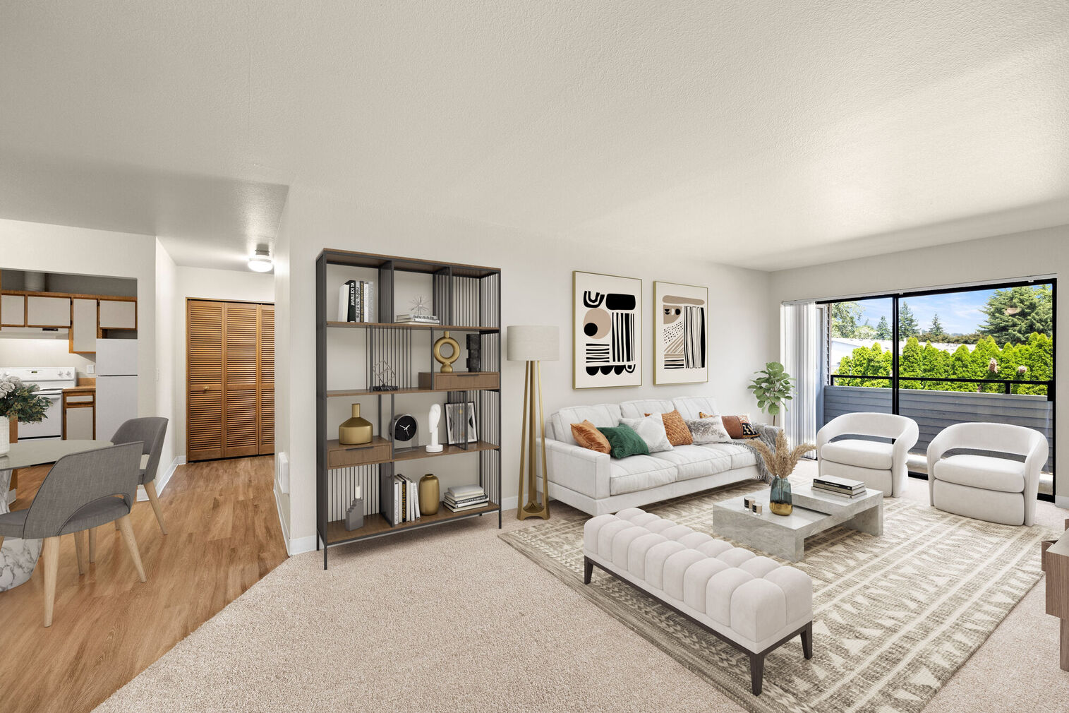 Open living room with glass patio doors